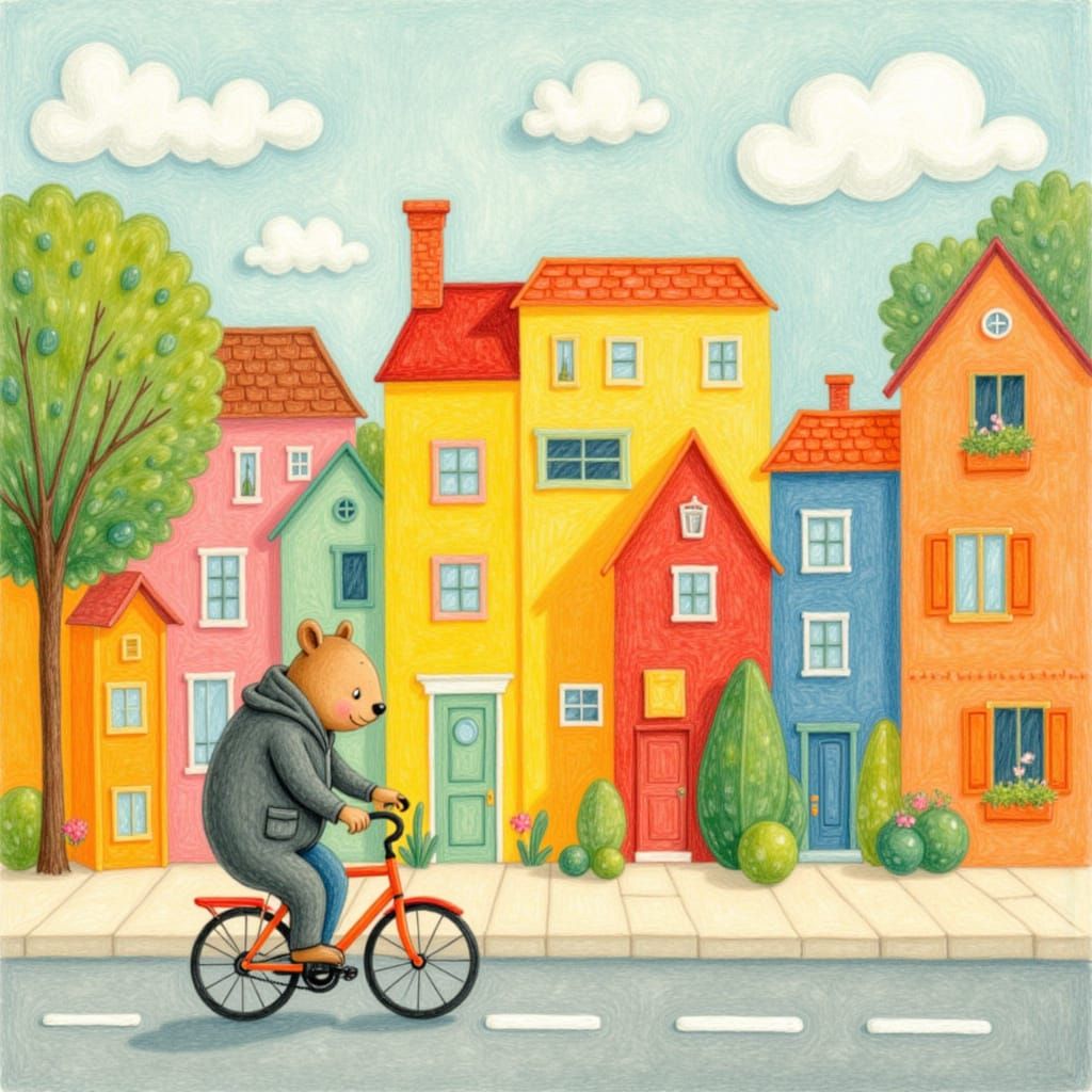 Cubist Bear Rides Bicycle in Whimsical Storybook City