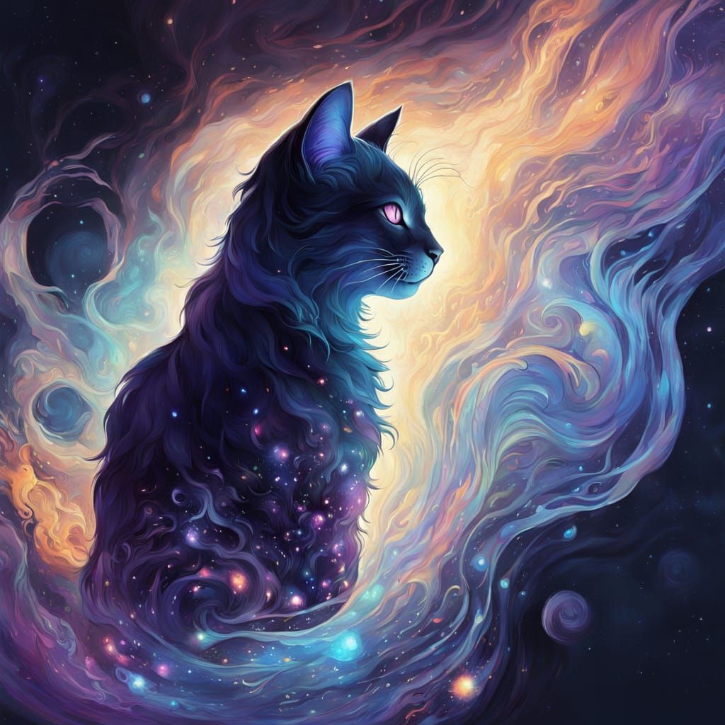 Ethereal Cat Transforms Into Iridescent Liquid In Cosmic Voi...