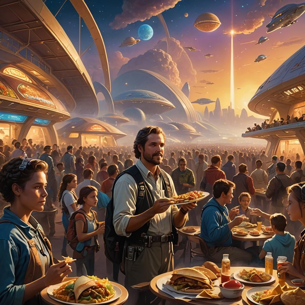 People and Aliens at Spaceport in Ethereal Fantasy