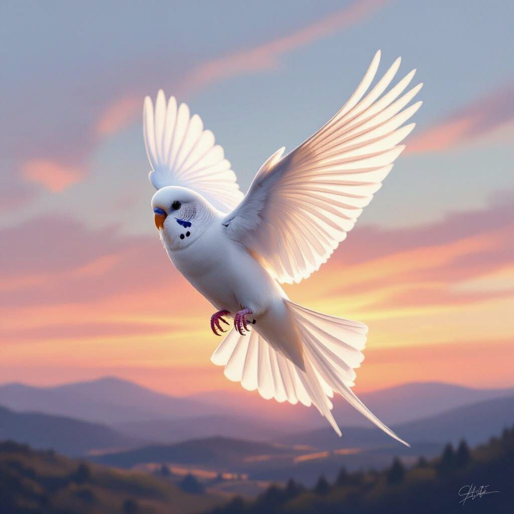 White Budgie Soars Above Serene Landscape at Dawn