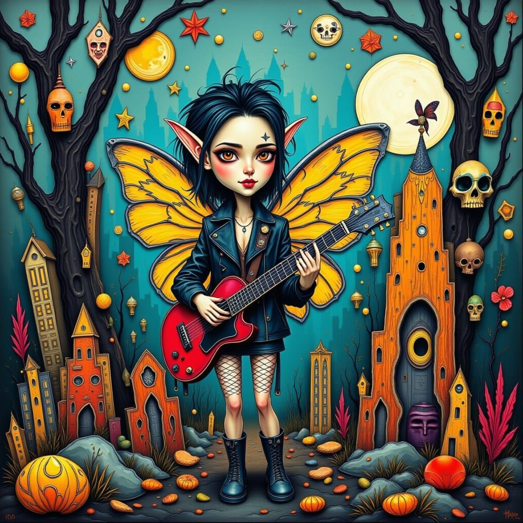 Punk Rock Fairy in Whimsical Forest Art
