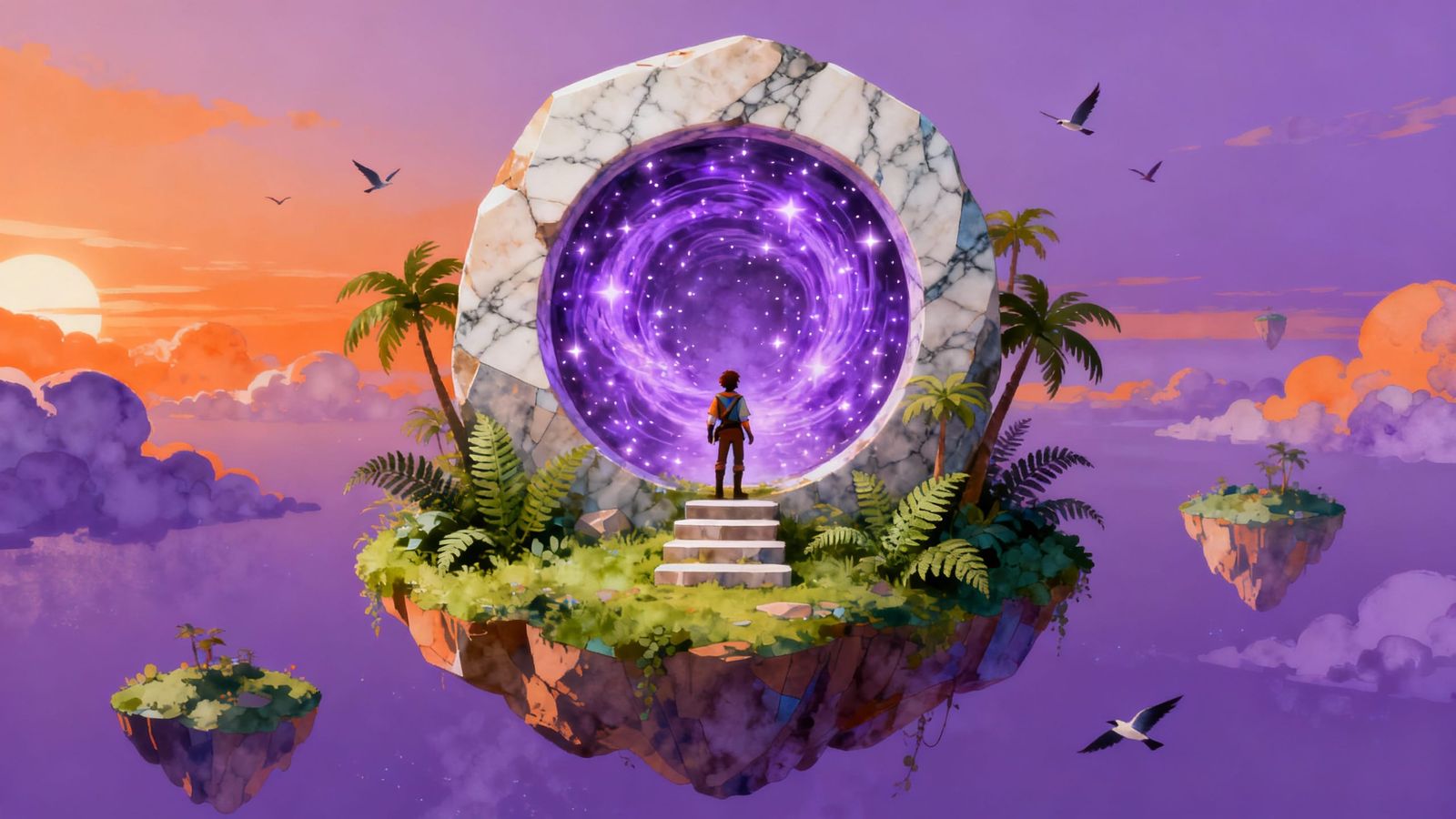 Adventurer Before Glowing Purple Portal on Floating Island