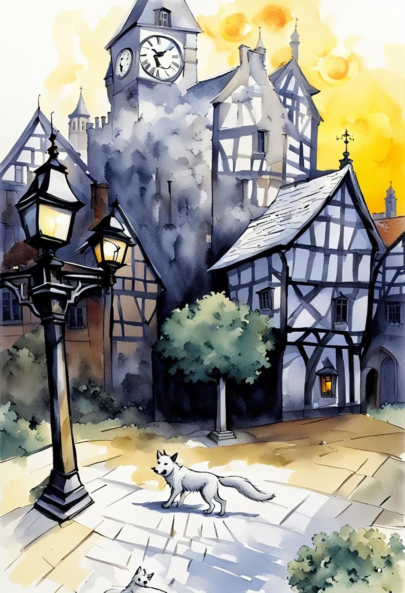 Wolf-Like Dog in Medieval Town Square