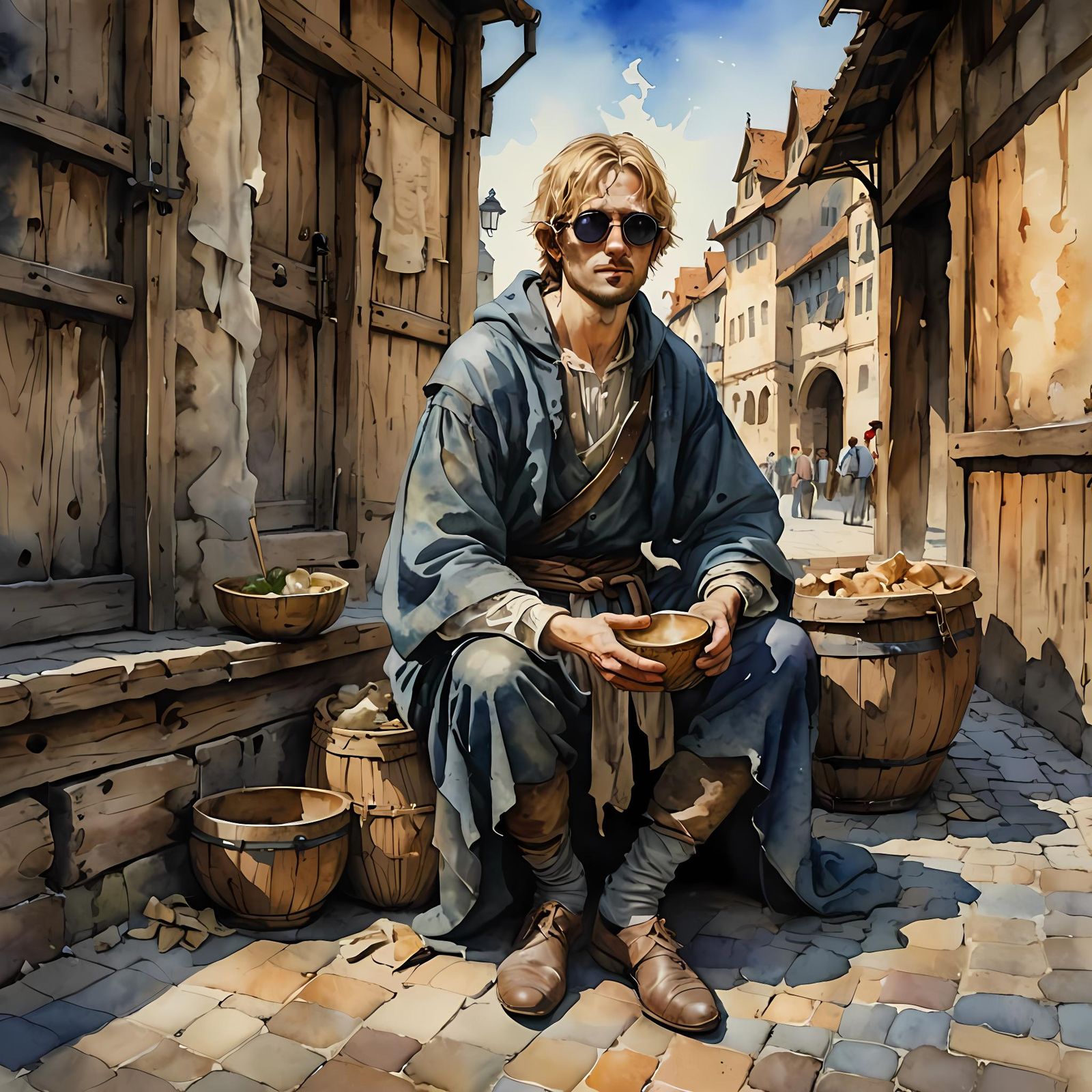Blind Beggar in Medieval Market: Watercolor Painting