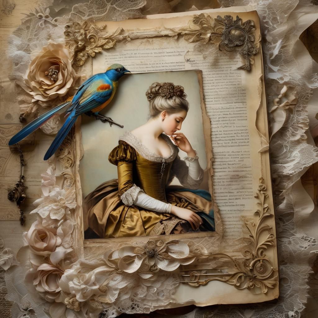 Rococo Noblewoman Amidst Antique Paper Fragments