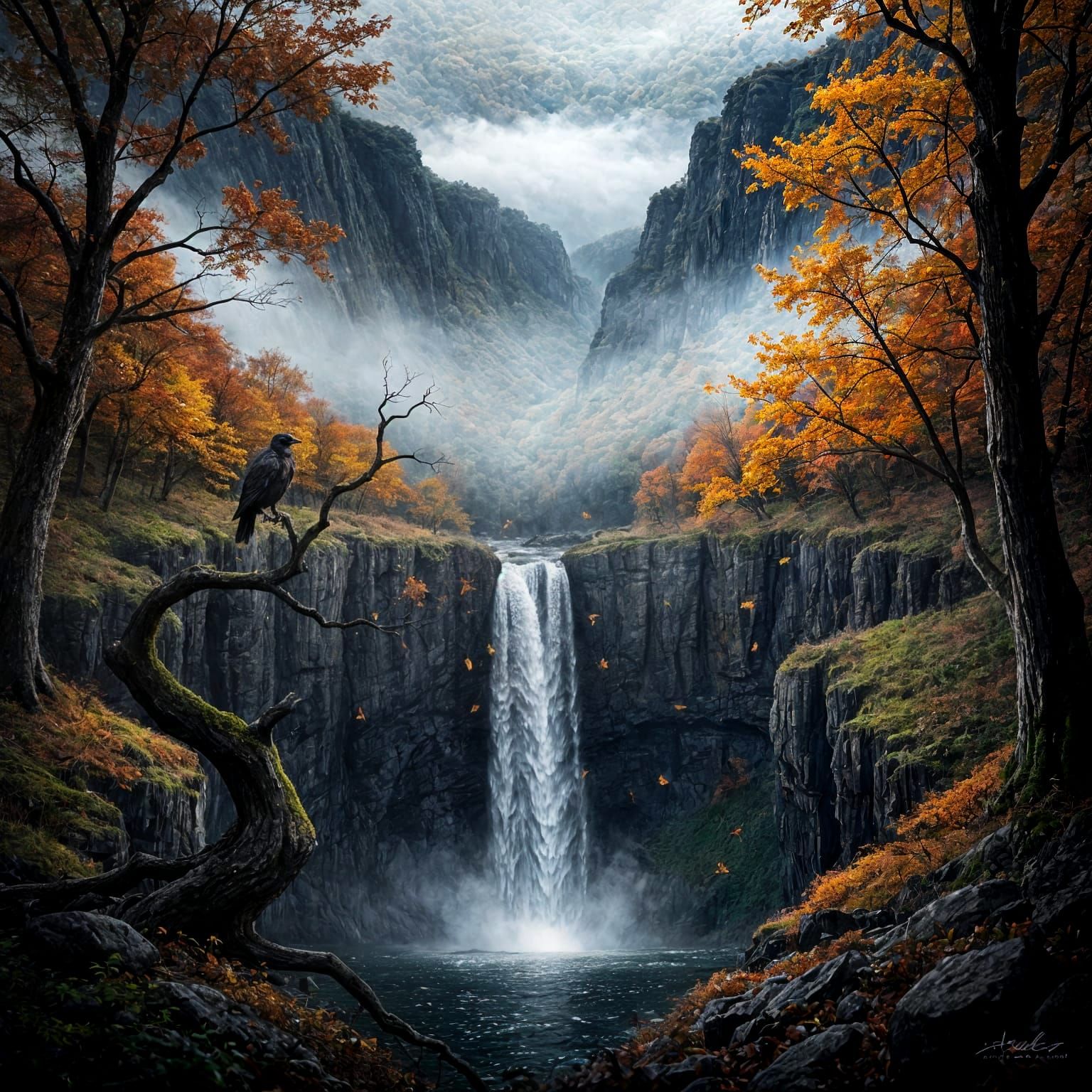 Dramatic Autumn Waterfall in Moody Gorge