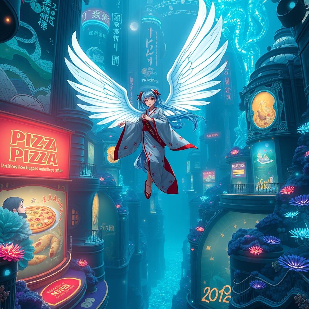 Underwater City with Miku Hatsune Angel in Anime Style