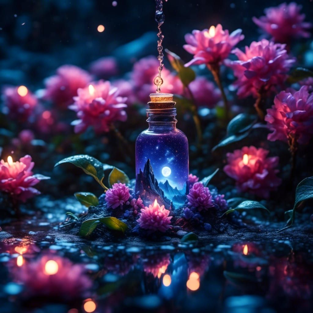 Fairies Pouring Dew on Moonlit Hyacinth Flower