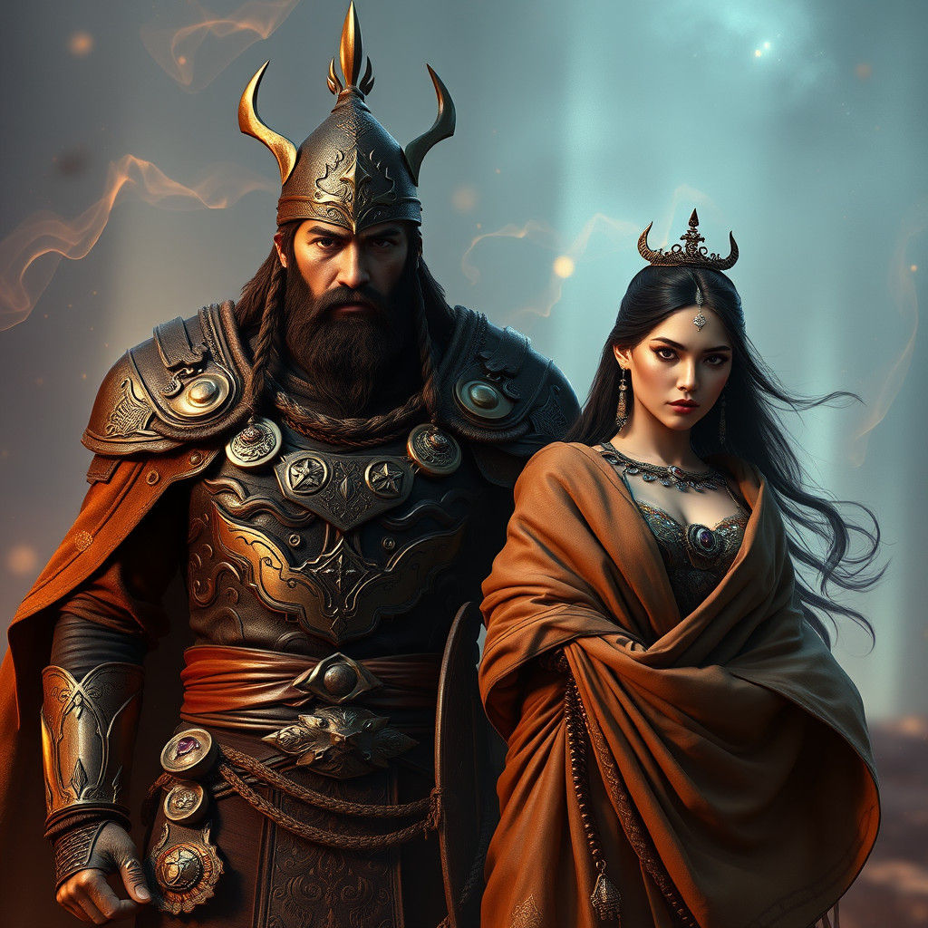 Mystical Hun Warrior and Woman in Ethereal Realm