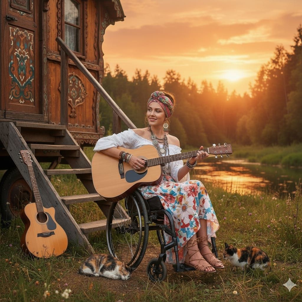 Bohemian Woman Plays Guitar by Sunset