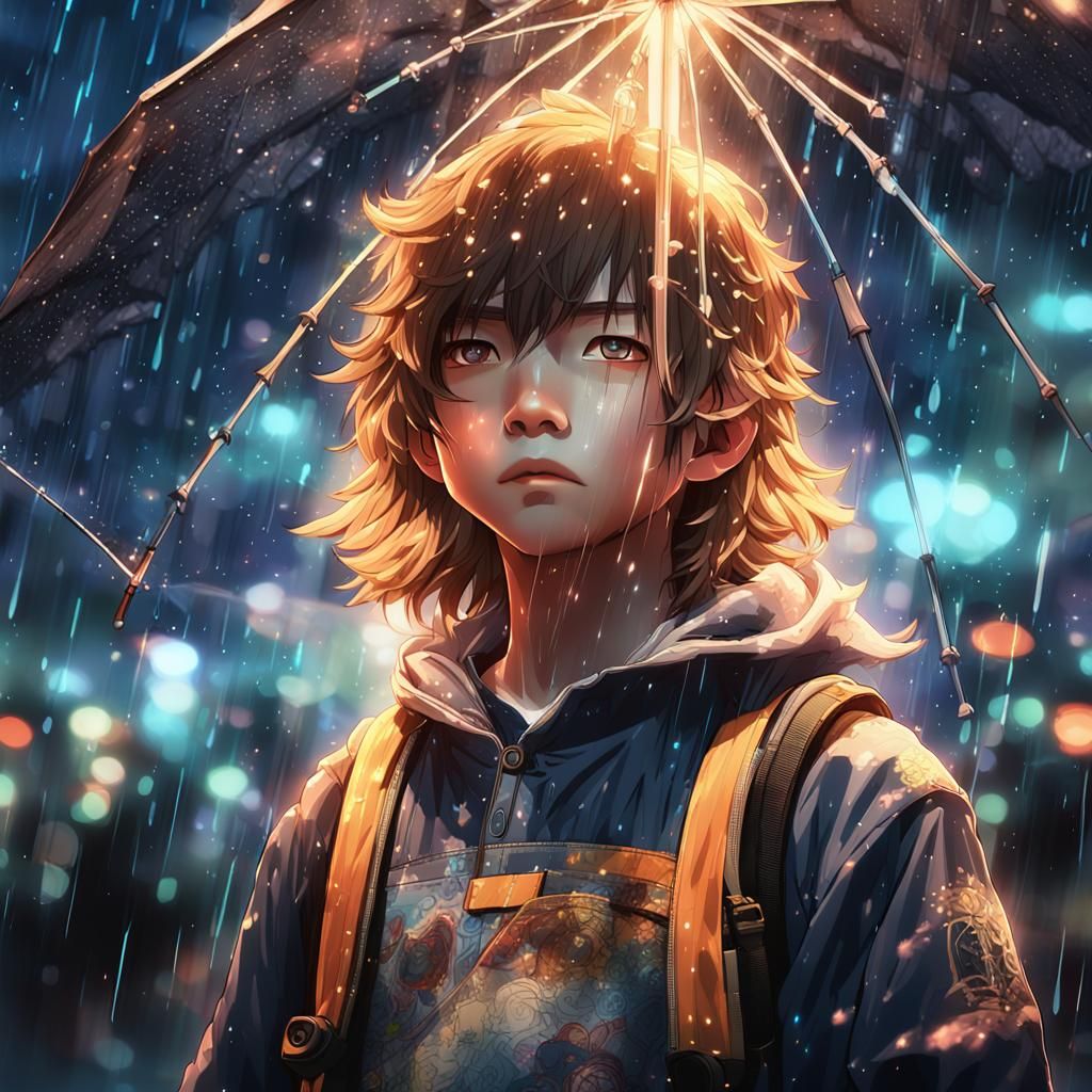 Boy with Umbrella in Hong Kong Rain, Anime Style