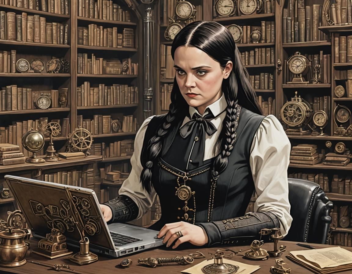 Wednesday Addams with Steampunk Laptop