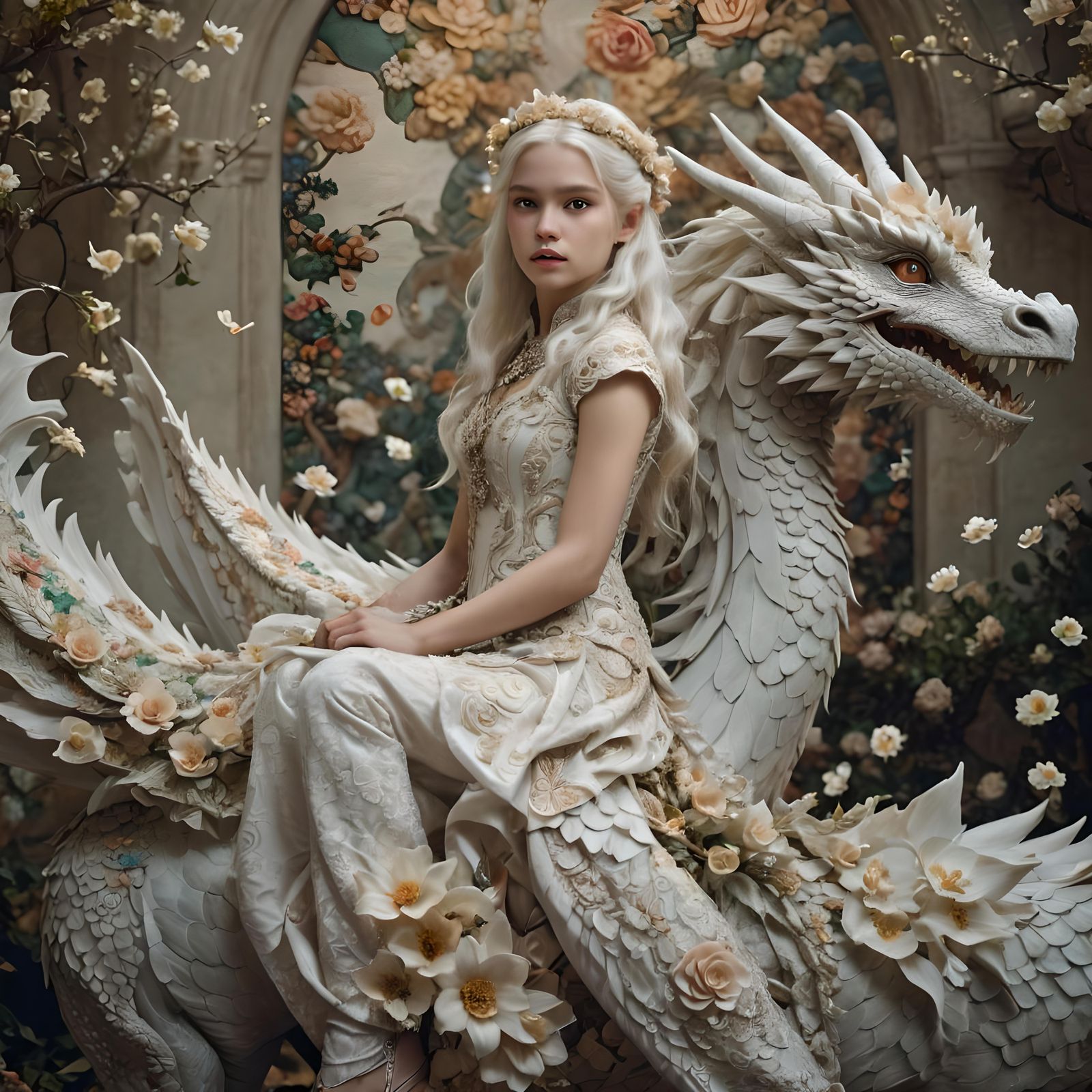 Girl on White Dragon in Fantasy Realm