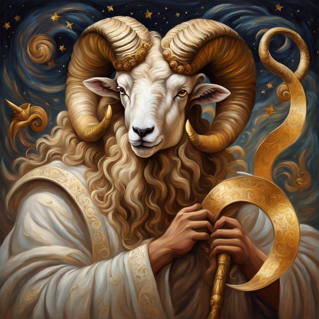 Ram of Aries Recites Poetry in Dramatic Oil Painting