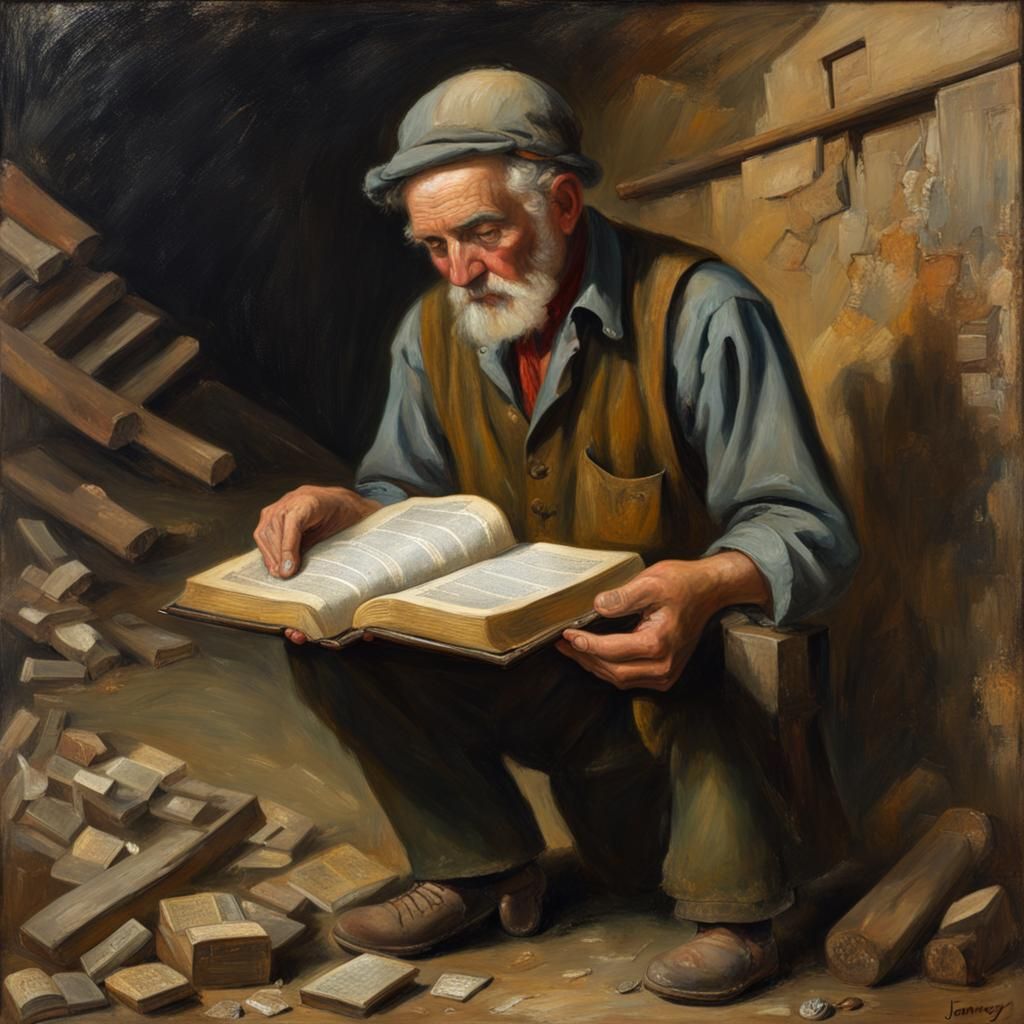 Old open Bible with classical letters, being held by the calloused hands of a miner.