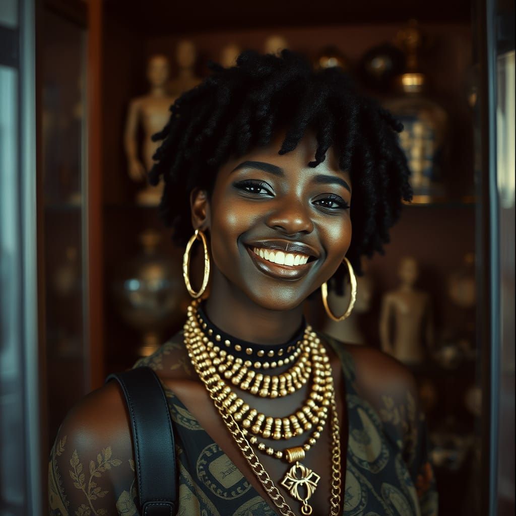 Smiling Woman in Streetwear with Cabinet of Curiosities