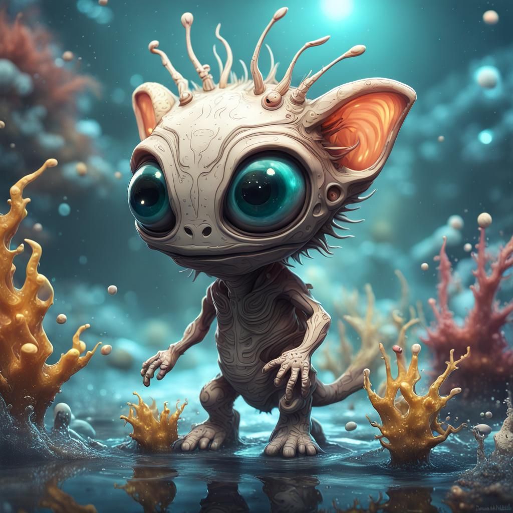 Chibi Alien Exploring Dystopian World in 8K