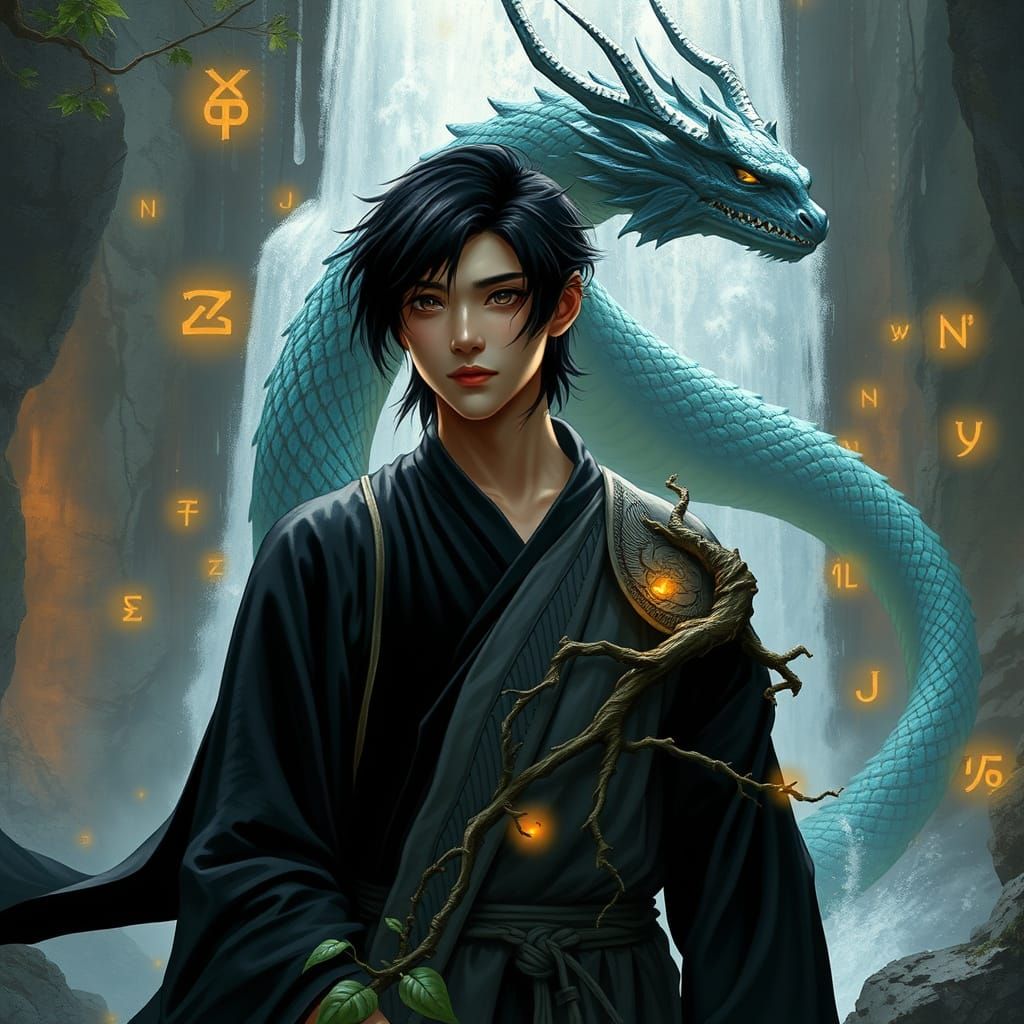 Ethereal Japanese Man Before Sacred Waterfall