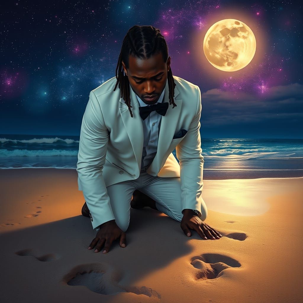 Sad Man Kneeling on Beach Under Starry Night Sky