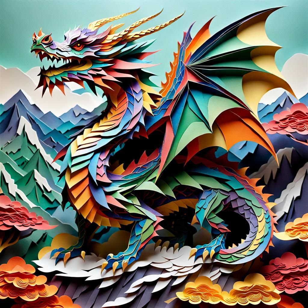 Colorful Dragon Paper Cut Art on Mountaintop