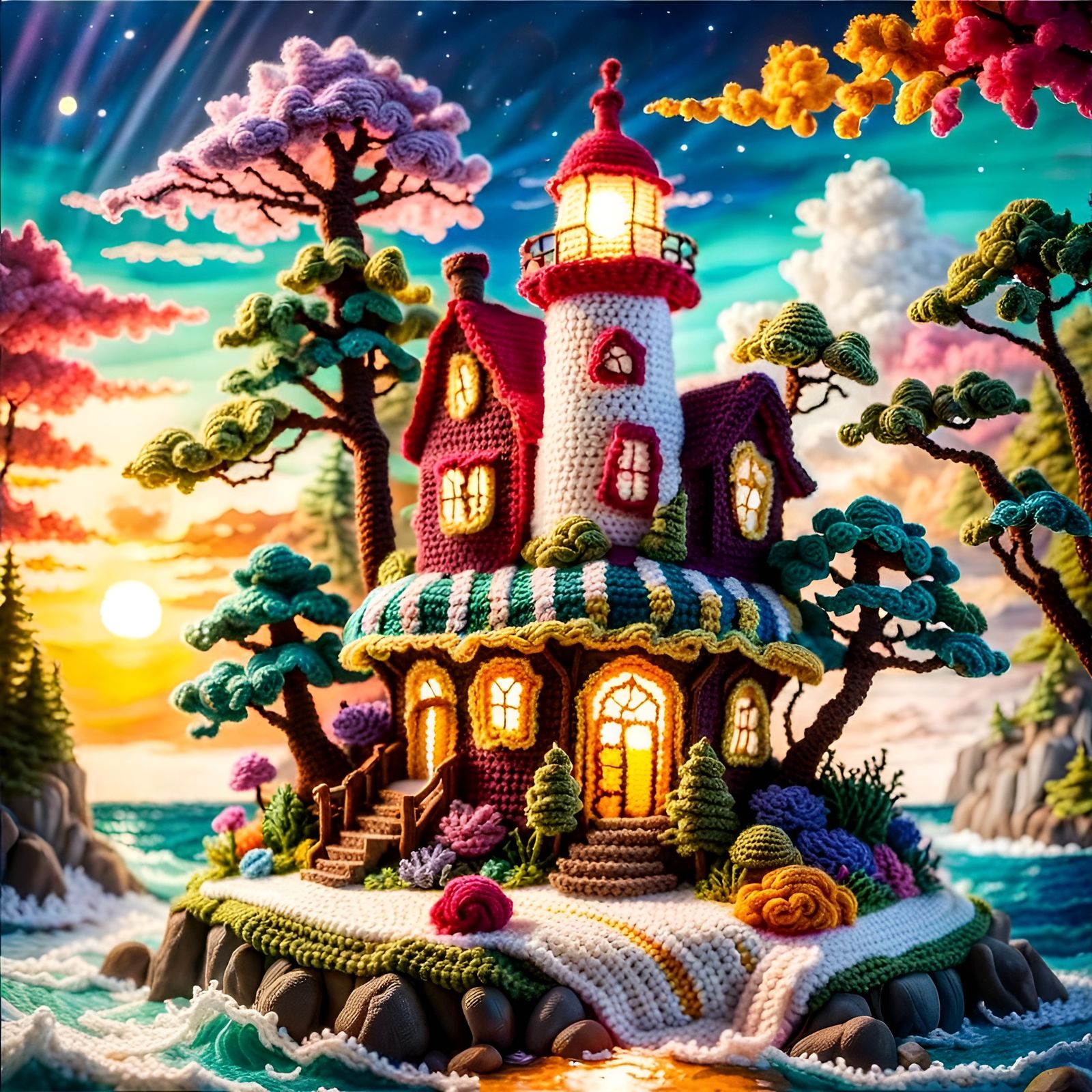 Enchanted Crochet Lighthouse with Ghibli Forest Spirits