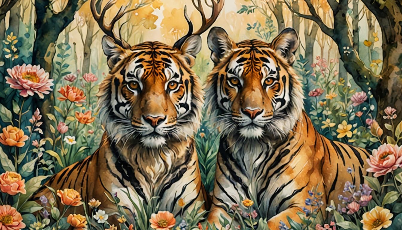 Harmonious Forest: Tiger and Deer Friends in Watercolor