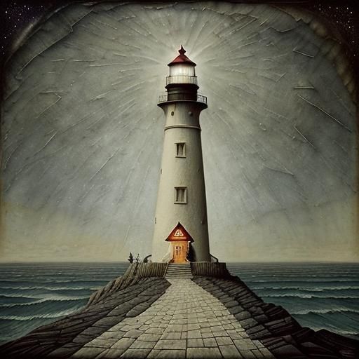 Detailed Lighthouse in Dark Mixed Media Style