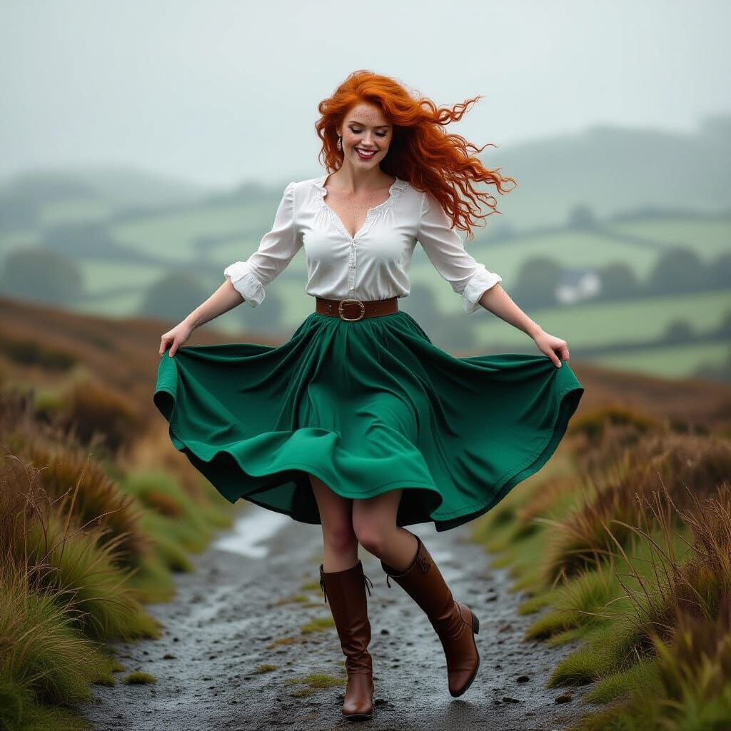 Redhead Irish Woman Dancing Jig in Photorealistic Style