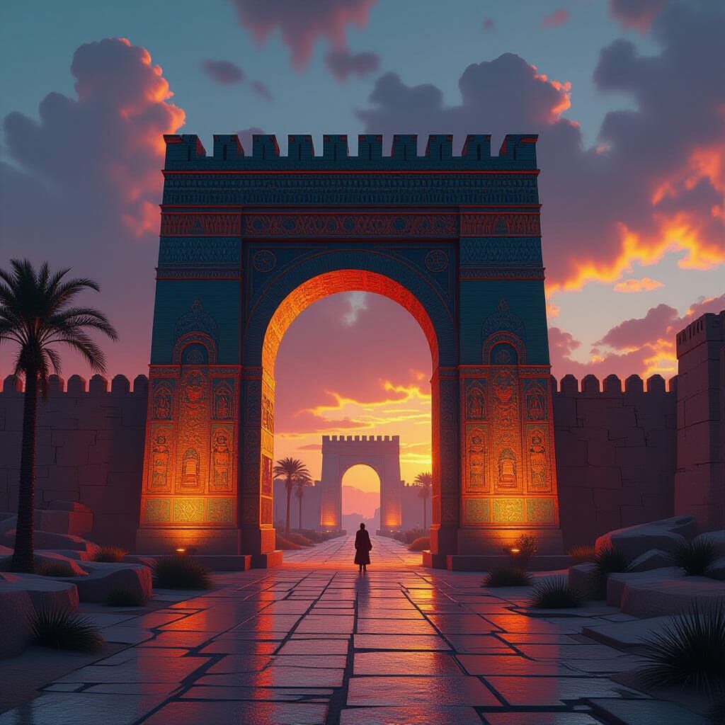 Mystical Ishtar Gate in Babylonian Landscape