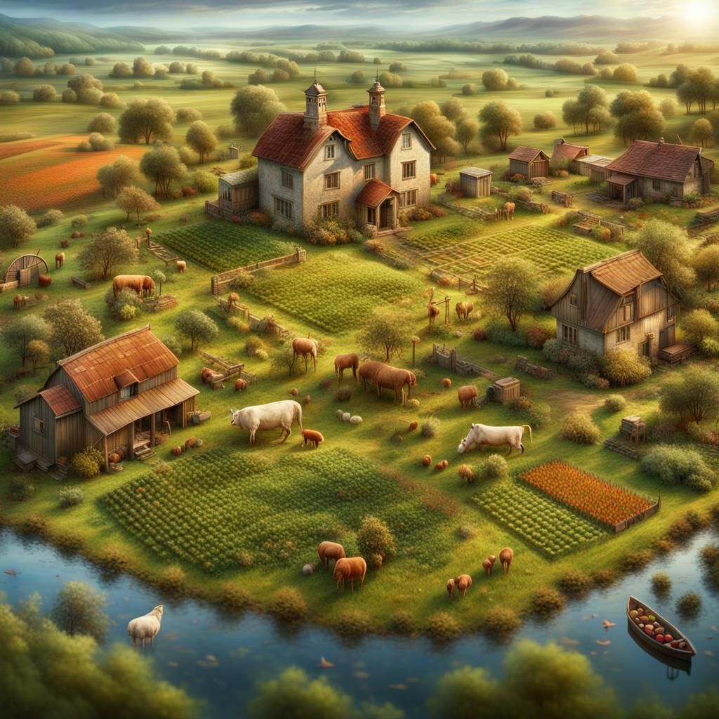 Detailed Farmland Scene with Animals and Crops