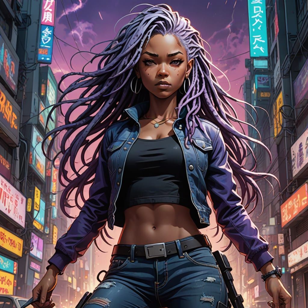 Heroic Woman with Silver Dreadlocks in Manga Style