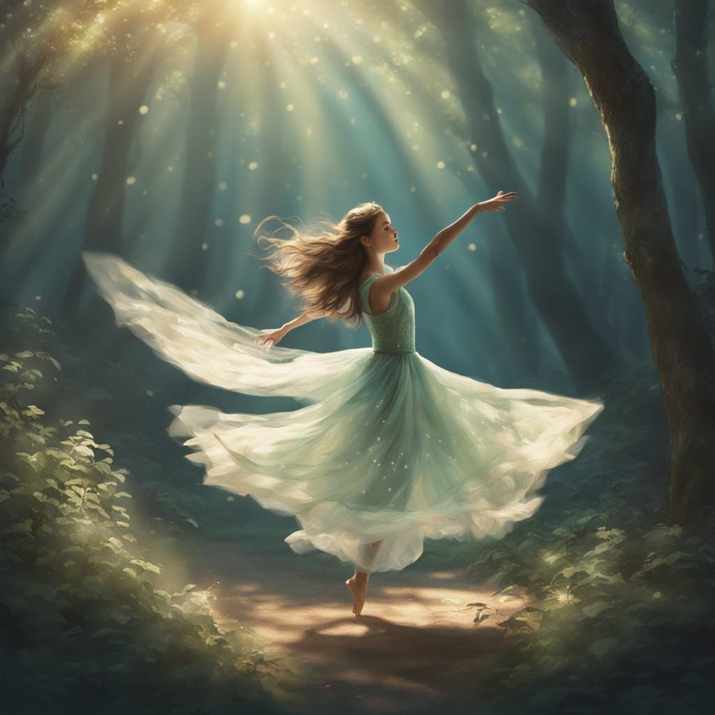 Young Sylph Girl in Arabesque Pose in Enchanted Forest