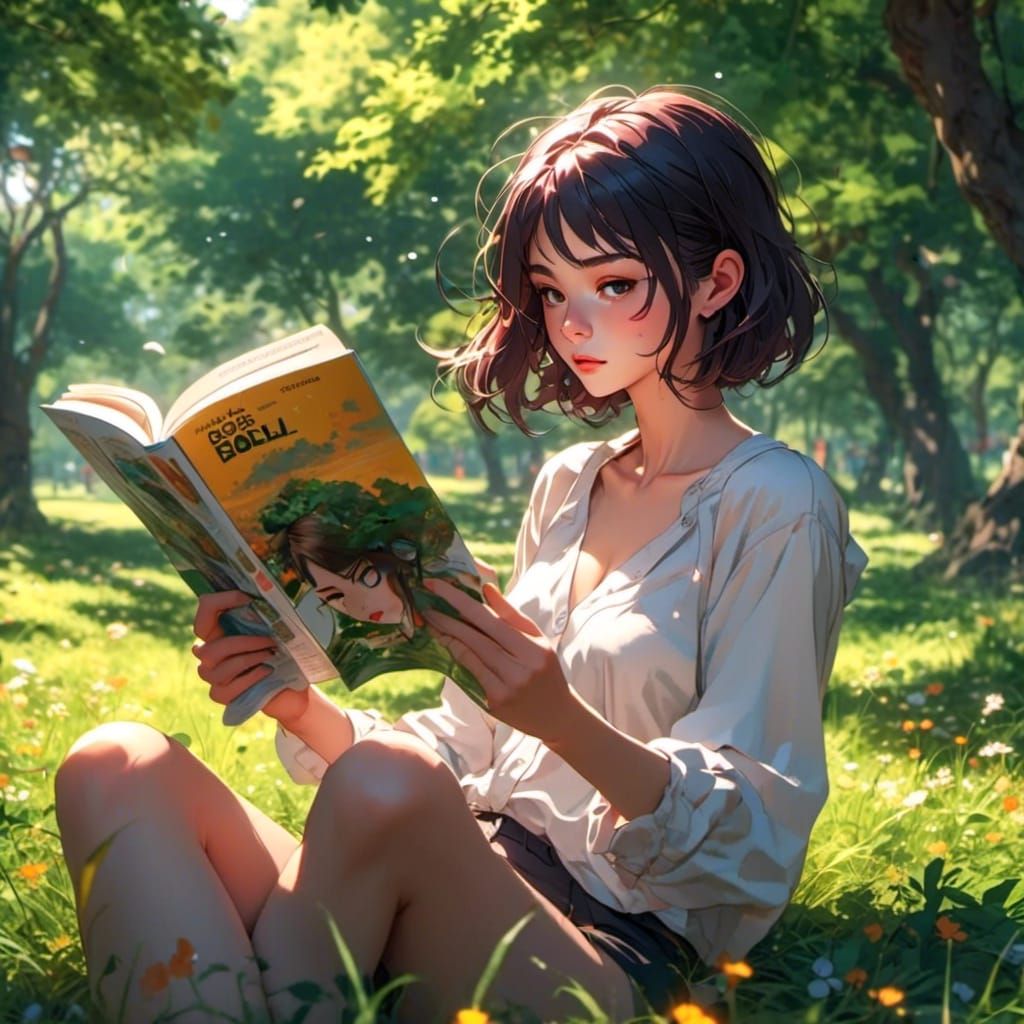 Woman Reading in Park: 2.5D Anime Illustration