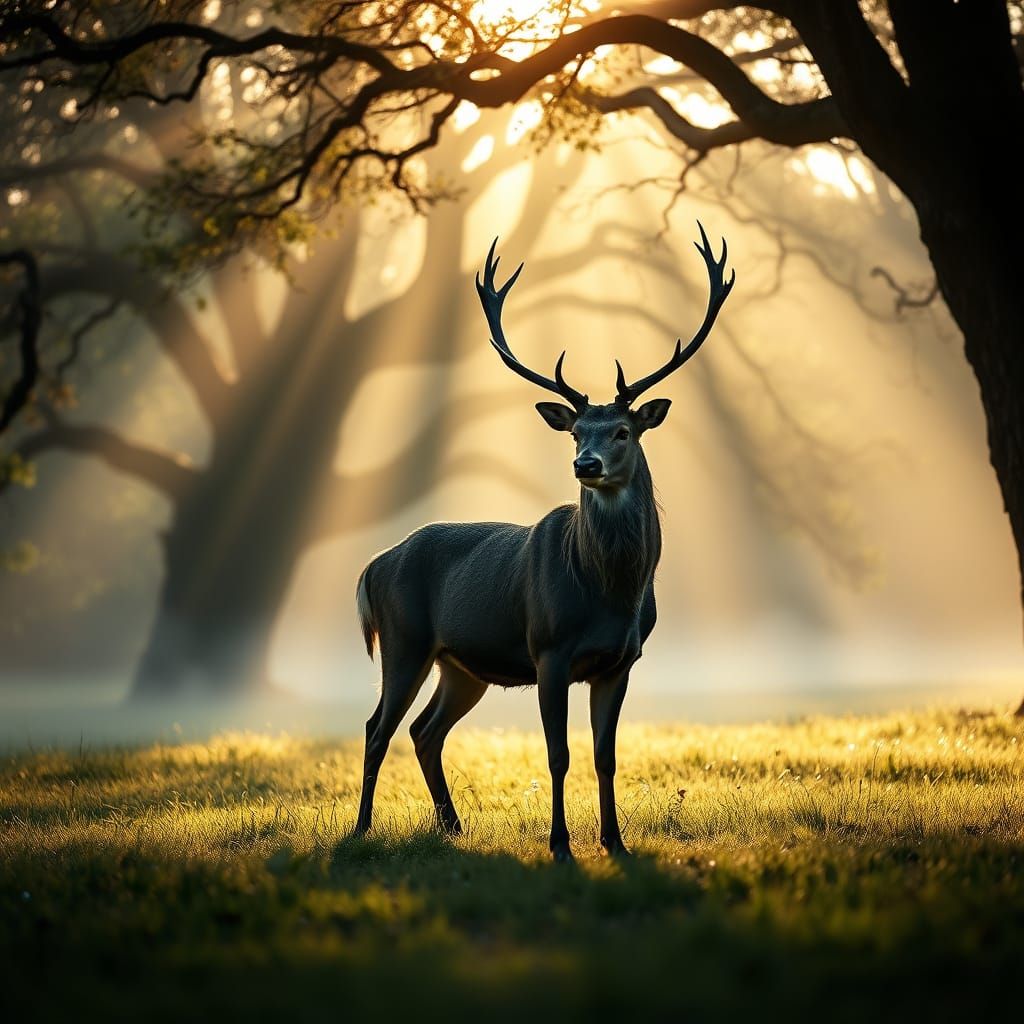 Majestic Stag in Misty Meadow at Dawn with God Rays