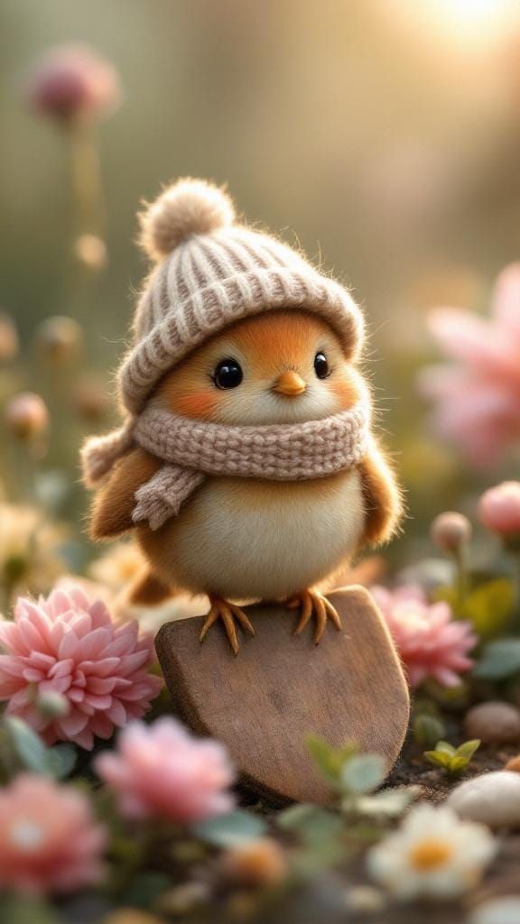 Knitted Robin in Whimsical Garden, Children's Book Illustrat...