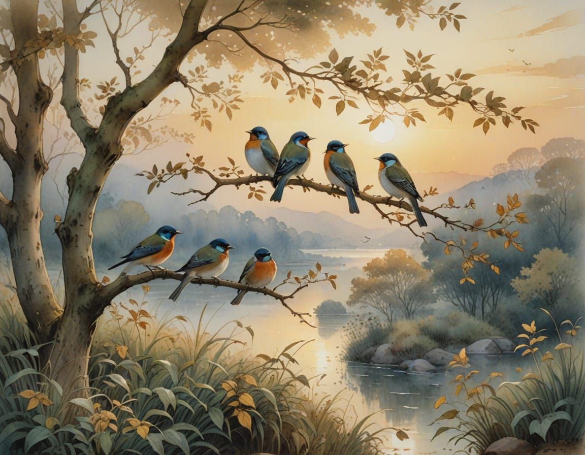 Delicate Songbirds Perched on a Curved Branch in a Watercolo...