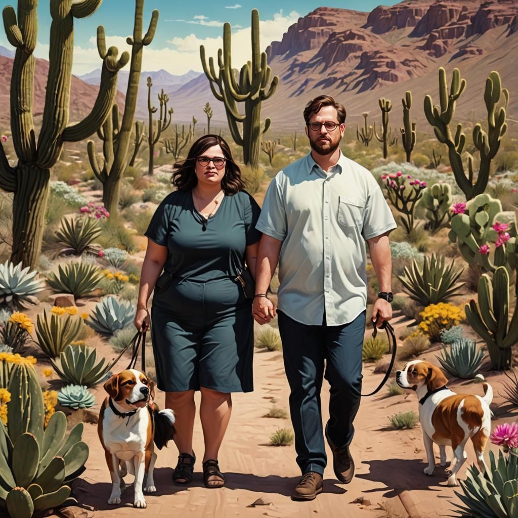 Plus-Size Couple with Beagle Puppy in Desert Landscape