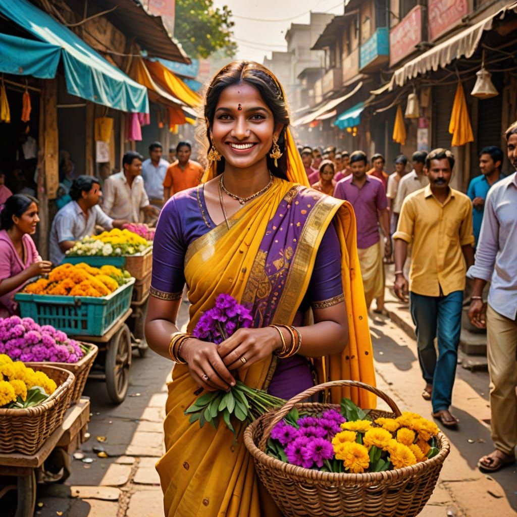 Vibrant Indian Woman Amidst Colorful Street Market