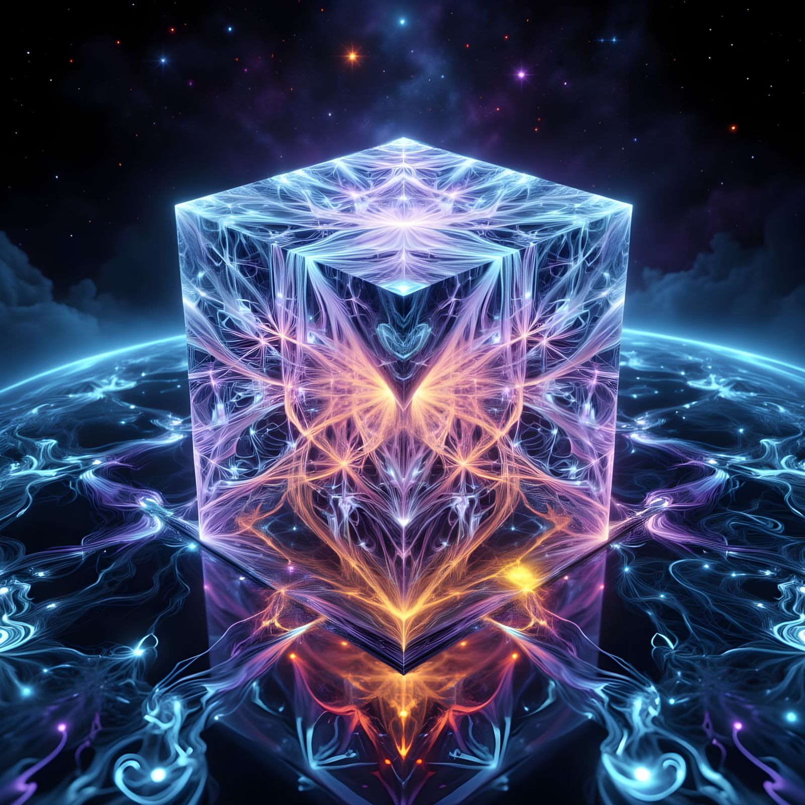 Unfolding Tesseract in Prismatic Void with Fractal Patterns