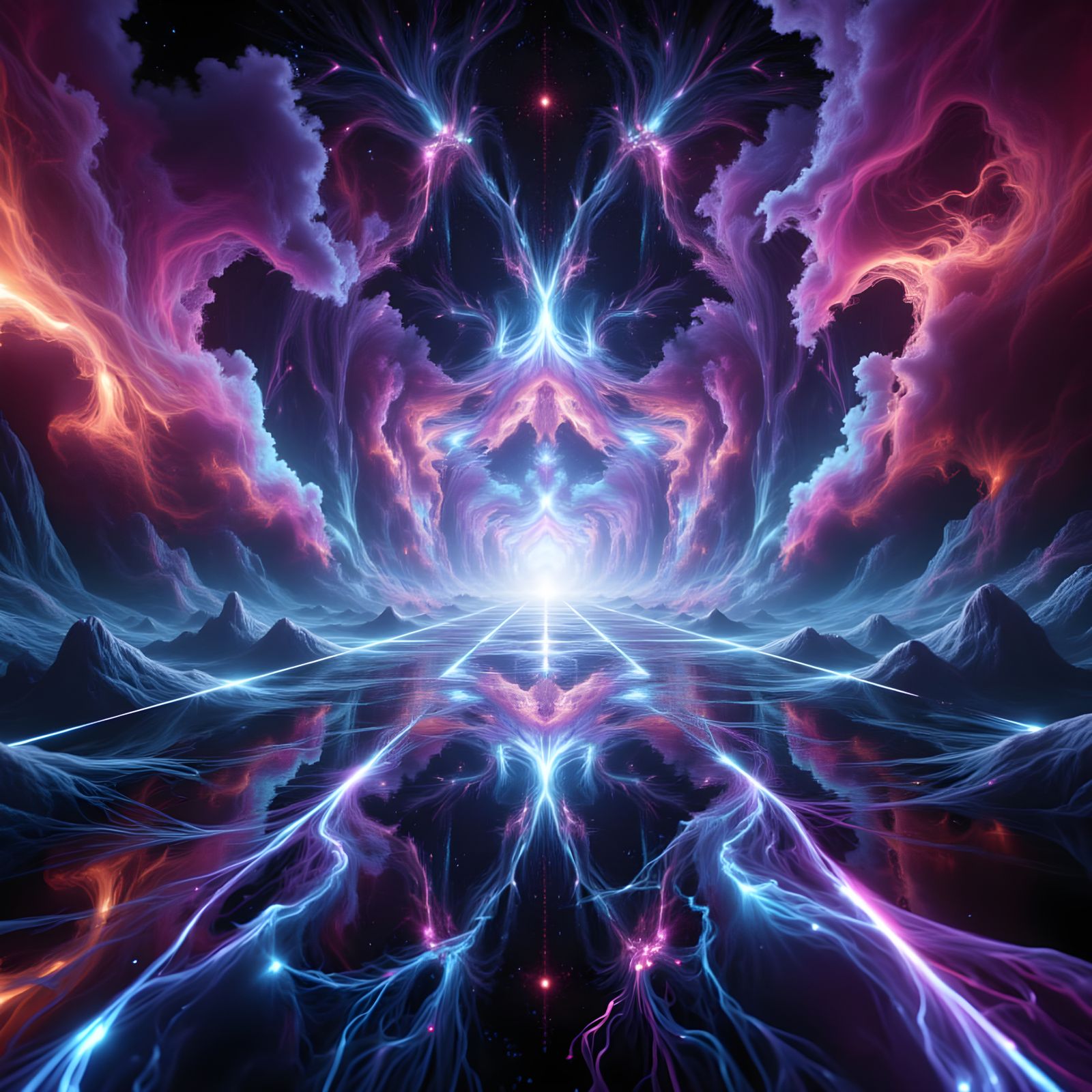 Tesseract Unfolding in Prismatic Void with Fractal Patterns