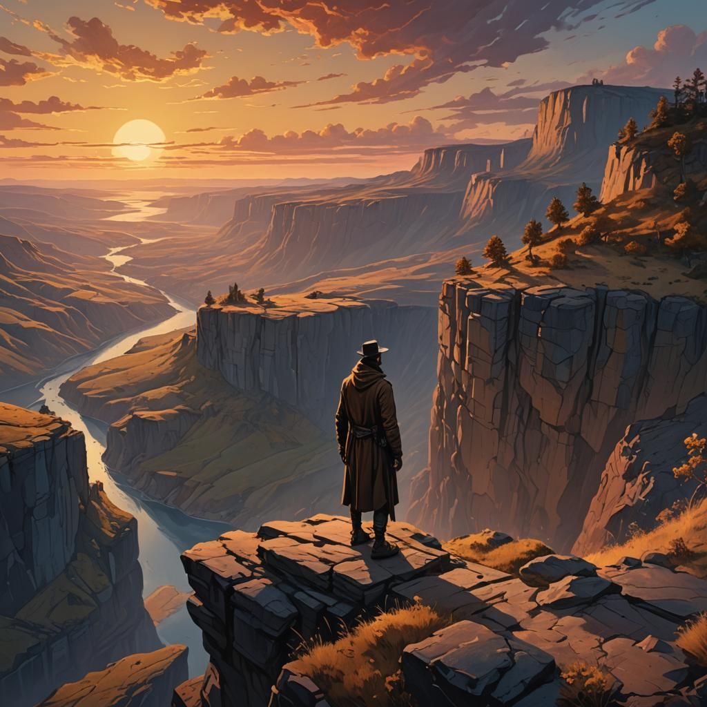 Mysterious Figure Overlooks Landscape in Gouache Style