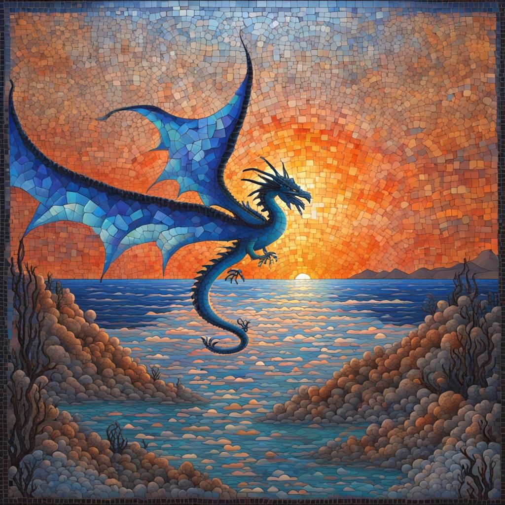 Psychedelic Dragon Sunset Mosaic Over the Bay