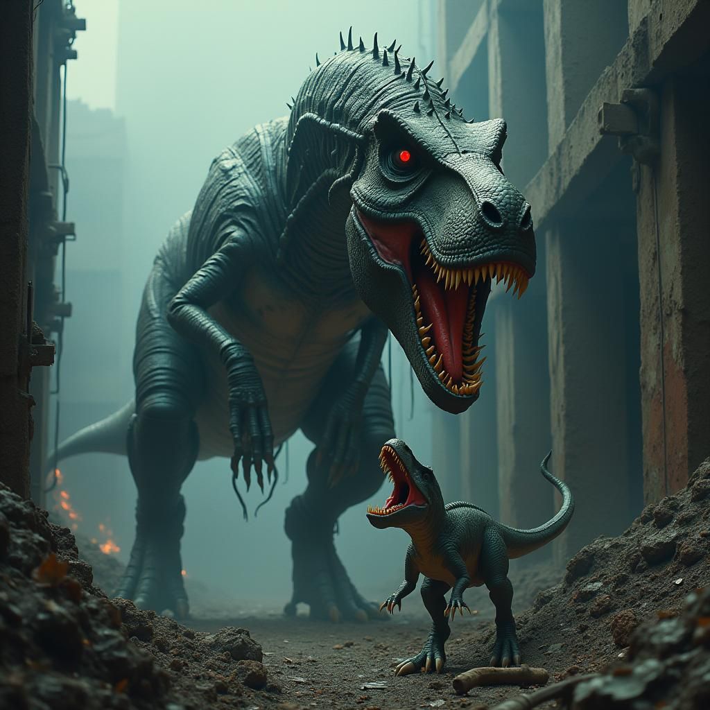 Biomechanical Alien Devouring T-Rex in Wasteland