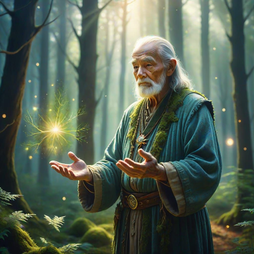 Mystical Elder Gathering Light in Enchanted Forest