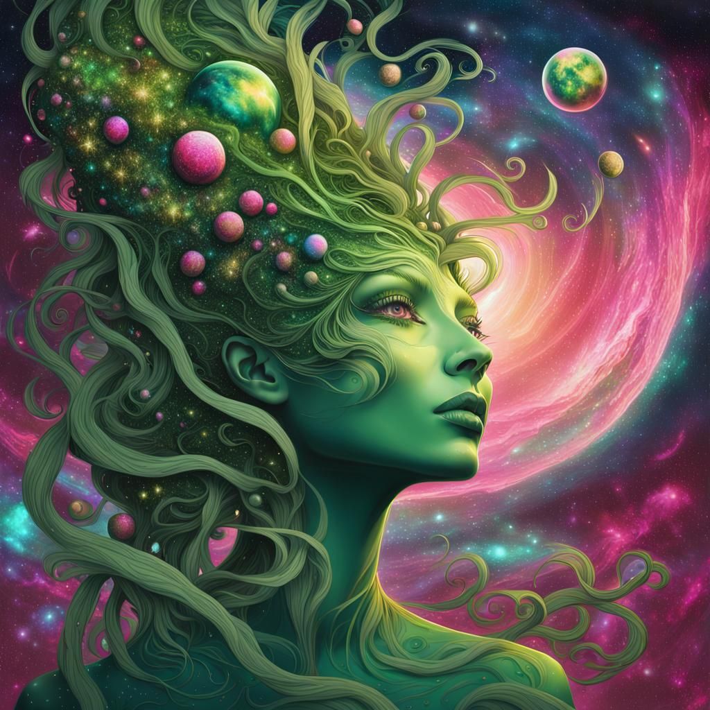 Surreal Cosmic Goddess with Vibrant Colors and Whimsical Det...