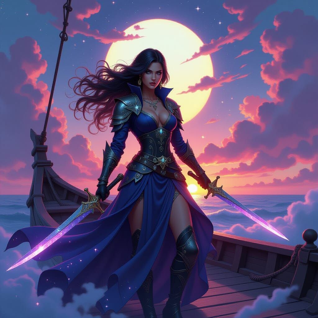 Celestial Pirate Queen on Ghost Ship in Cosmic Sunset