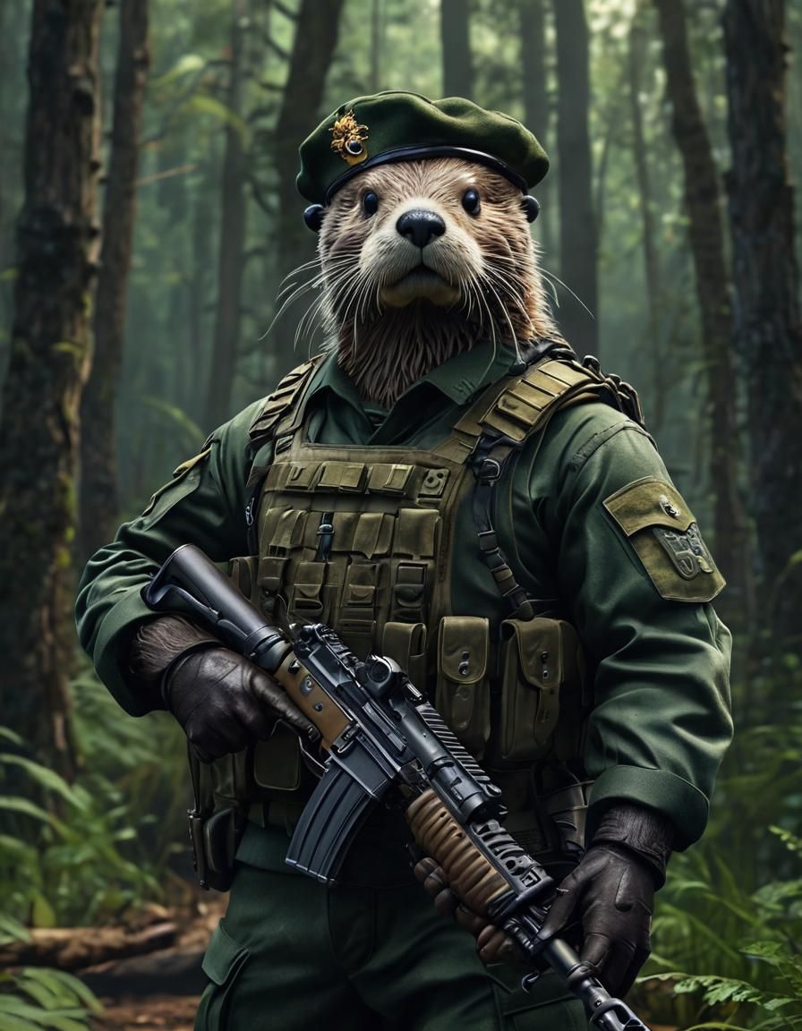 Anthropomorphic Sea Otter Commando in Forest, Photorealistic...
