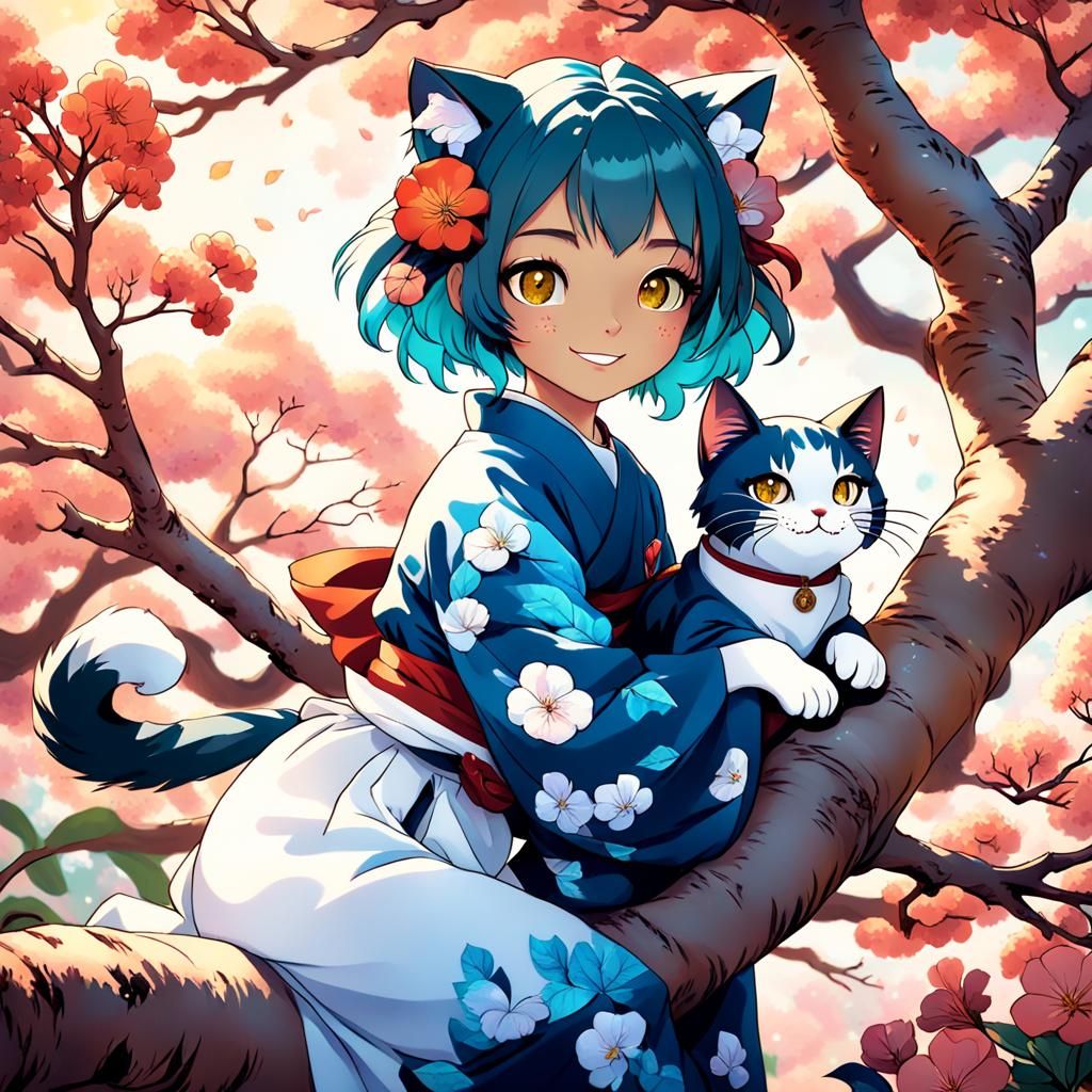 Anime Cat Girl Portrait with Flowers as Digital Art