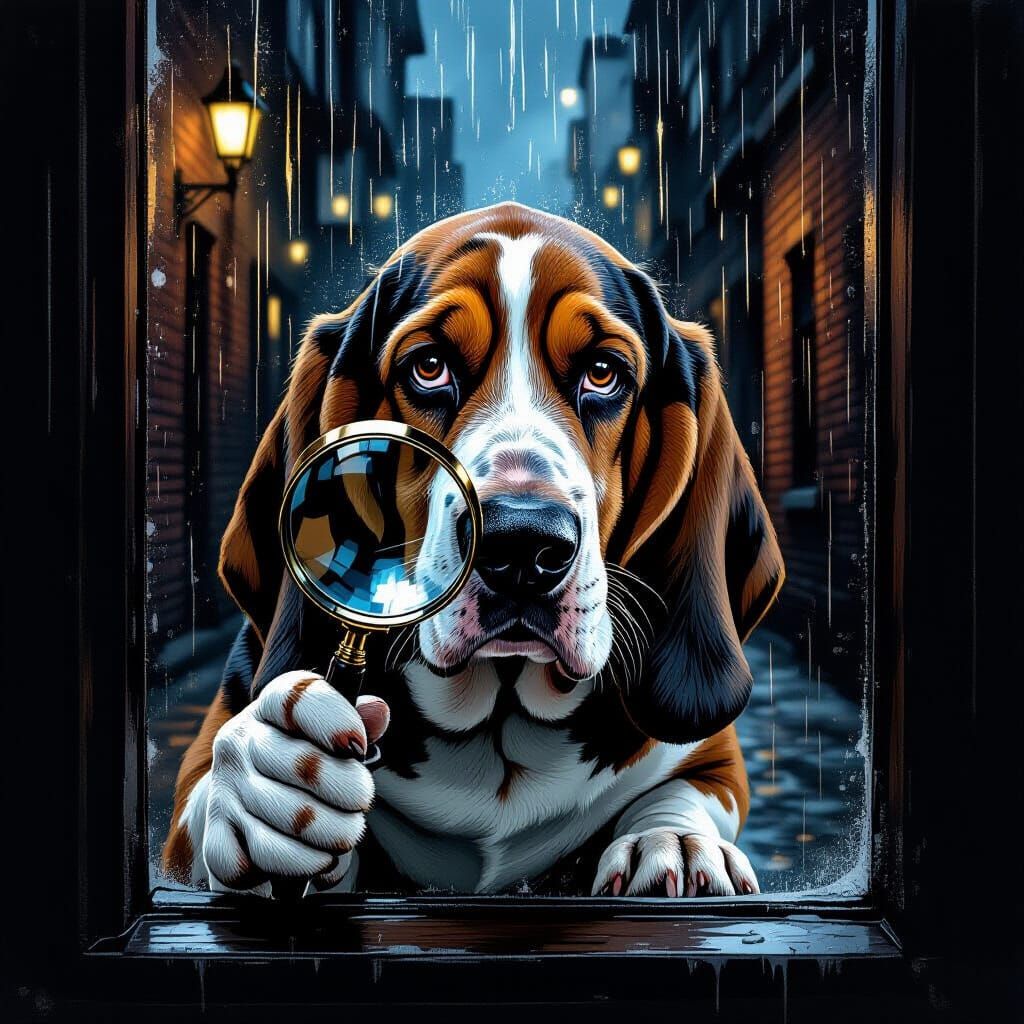 Basset Hound Noir Detective at Rain-Streaked Window