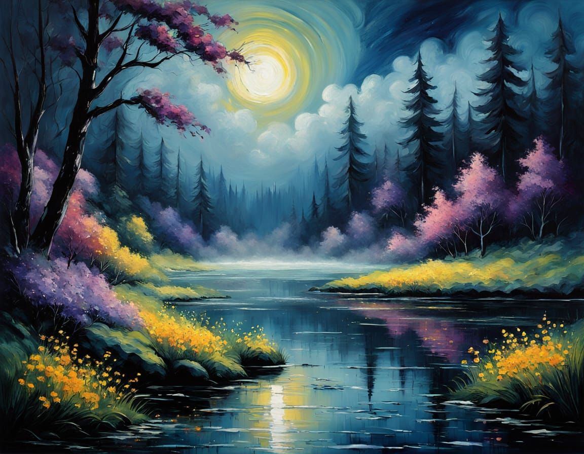 Impasto Moonrise Lake Scene with Vibrant Expressionism